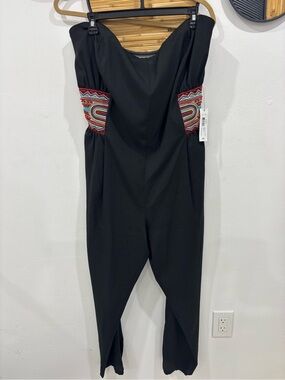 Bisou Bisou Strapless Black Jumpsuit with Colorful Embroidered Side Panels